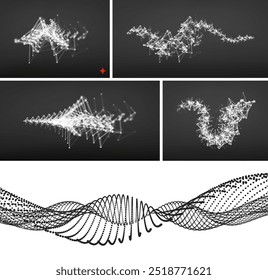 Wave with connected dots. 3d connection structure. Wireframe element for design. Vector illustration for science, chemistry or education.
