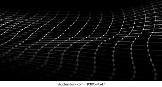 Wave with connecting dots and lines on dark background. Wave of particles. Network connection. Vector illustration.