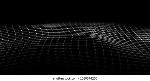 Wave with connecting dots and lines on dark background. Wave of particles. Network connection. Vector illustration.