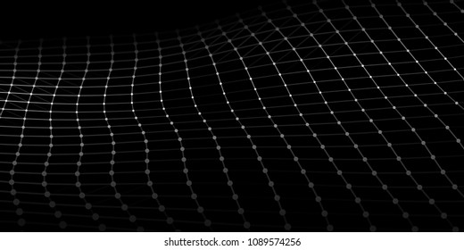 Wave with connecting dots and lines on dark background. Wave of particles. Network connection. Vector illustration.