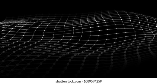 Wave with connecting dots and lines on dark background. Wave of particles. Network connection. Vector illustration.