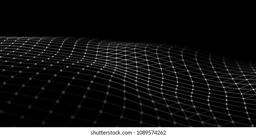 Wave with connecting dots and lines on dark background. Wave of particles. Network connection. Vector illustration.
