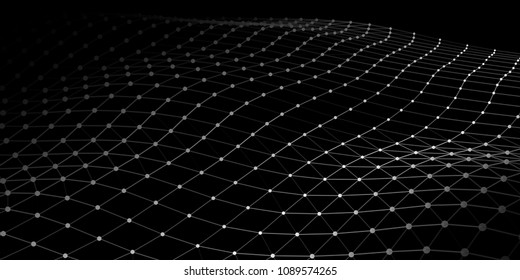 Wave with connecting dots and lines on dark background. Wave of particles. Network connection. Vector illustration.