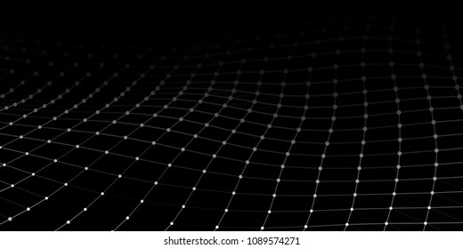 Wave with connecting dots and lines on dark background. Wave of particles. Network connection. Vector illustration.