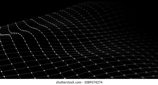 Wave with connecting dots and lines on dark background. Wave of particles. Network connection. Vector illustration.