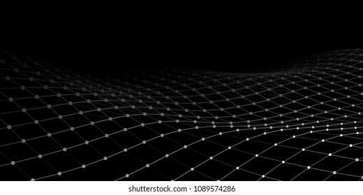 Wave with connecting dots and lines on dark background. Wave of particles. Network connection. Vector illustration.