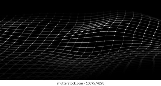Wave with connecting dots and lines on dark background. Wave of particles. Network connection. Vector illustration.