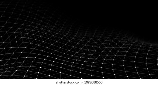 Wave with connecting dots and lines on dark background. Wave of particles. Network connection. Vector illustration.