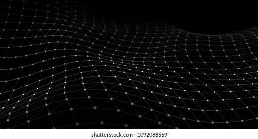 Wave with connecting dots and lines on dark background. Wave of particles. Network connection. Vector illustration.