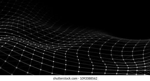 Wave with connecting dots and lines on dark background. Wave of particles. Network connection. Vector illustration.