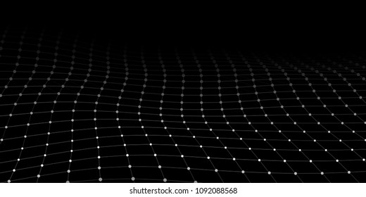 Wave with connecting dots and lines on dark background. Wave of particles. Network connection. Vector illustration.