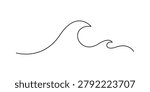 Wave continuous line drawing vector illustration for ocean surfing lifestyle branding. Minimalist ocean waves continuous line vector illustration for water sports and cruise logos.
