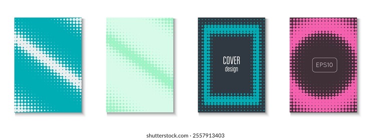 Wave Cover Set. Color Circles On Memphis Layout. Futuristic Elements On Flat Page. Halftone Flyer. Minimalist Business Background. Geometric Dot Pattern. Trendy Wave Cover