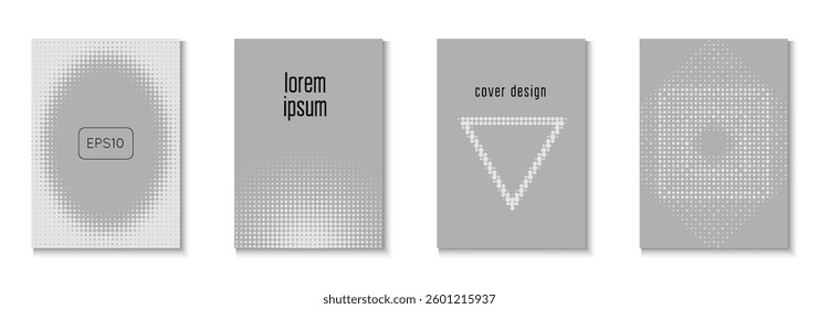 Wave Cover Set. Greyscale 1980 Template. Halftone Poster. Business Grey And Black  Flyer. Cool Circles In Minimal Layout. Young Hipster Design On Annual Page. White Wave Cover