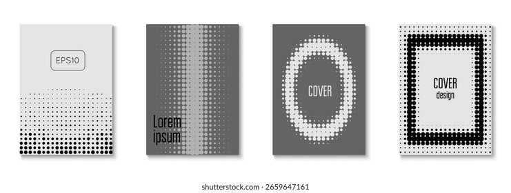Conjunto de cubierta de onda. Patrón de puntos en escala de grises. Abstractas Volante Gris Y Blanco. Cartel de la marca. Formas Modernas En Diseño Tecnológico. Marco Dinámico Para Invitación Anual. Cubierta de onda negra