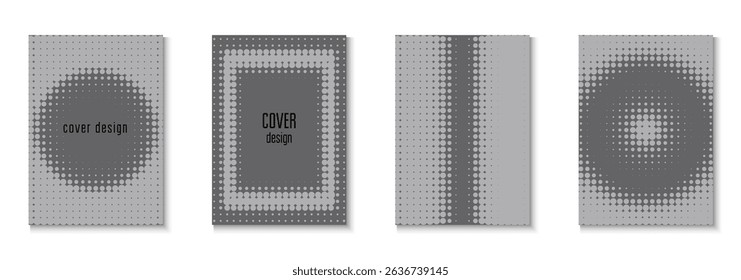 Wave Cover Set. White Dots Texture. Color Art With Memphis Elements. Flat Invitation With Geometric Frame. Halftone Pattern. Business Grey And Black  Flyer. Greyscale Wave Cover