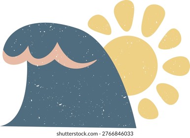 Wave crest curves beside a rising sun with textured grain and bold shapes. Symbol of summer, vacation, energy, and coastal freedom. Cartoon vector illustration.