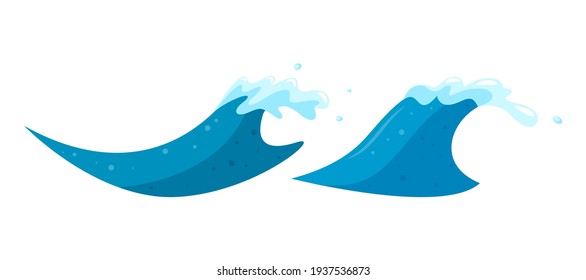 Wave Crest In The Sea. Surfing Waves Rising In The Ocean. Cartoon Vector Illustration Isolated In White Background 