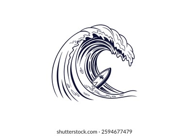wave curling with a small surfboard silhouette line art vector illustration