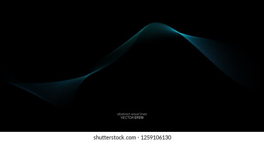 Wave curve dotted line pattern flowing in blue green color isolated on black background. Vector graphic in concept of music, technology.