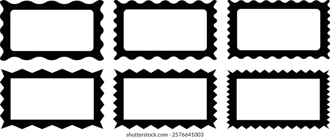 Wave and curvy borders. Cloudy wave frame vector set. Wavy scalloped doodle drawn style for decoration. Outline Rectangle frames with wavy edges set. Squiggle frames set. Rectangular curved line shape