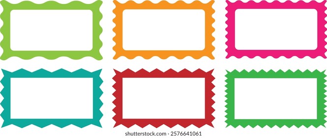 Wave and curvy borders. Cloudy wave frame vector set. Wavy scalloped doodle drawn style for decoration. Squiggle frames set. Outline Rectangle frames with wavy edges set. Rectangular curved line shape