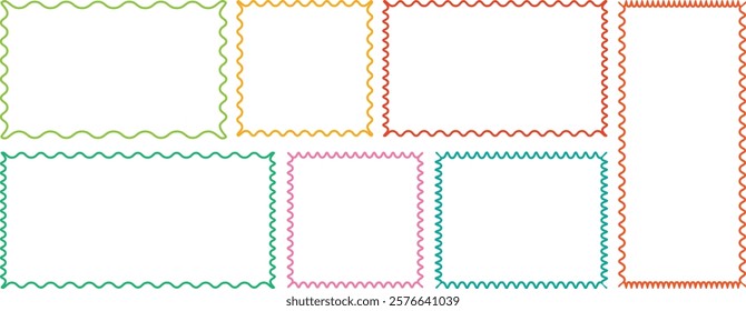 Wave and curvy borders. Squiggle frames set. Zigzag wavy edges, psychedelic rectangles, photo frames, text boxes, labels. Cloudy wave frame vector set. Wavy scalloped doodle drawn style for decoration