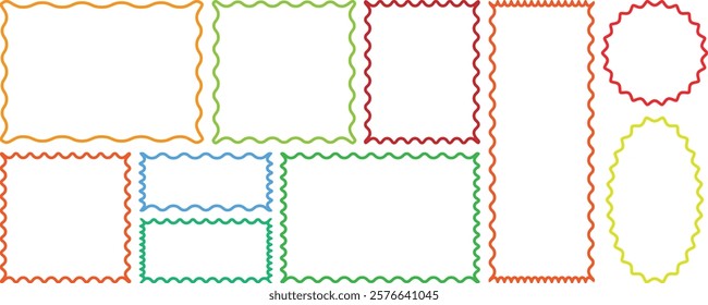 Wave and curvy borders. Squiggle frames set. Cloudy wave frame vector set. Wavy scalloped doodle drawn style for decoration. Outline Rectangle frames with wavy edges set. Rectangular curved line shape