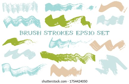 Wave dabs ink brush strokes vector set. Grunge texture retro graphic design elements. Isolated color samples on white background.