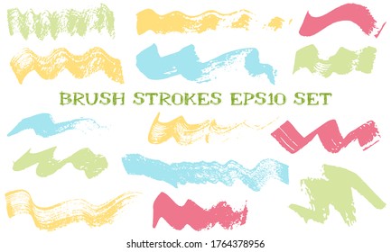Wave dabs ink brush strokes vector collection. Grunge texture dirty graphic design elements. Isolated color samples on white background.