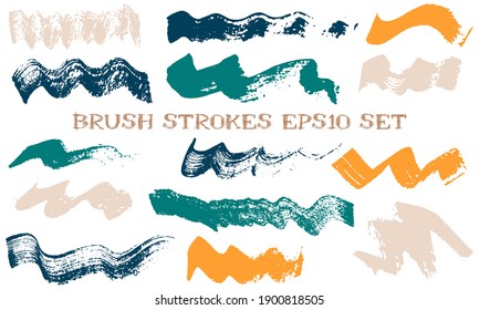 Wave dabs ink brush strokes vector collection. Grunge texture retro graphic design elements. Isolated ink shapes on white background.