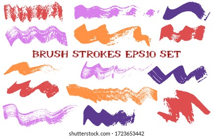 Wave dabs paint brush strokes vector collection. Grunge texture artistic graphic design elements. Freehand ink daubs on white background.