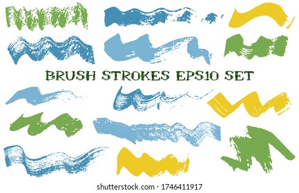 Wave dabs paint brush strokes vector collection. Grunge texture trendy graphic design elements. Isolated paint shapes on white background.