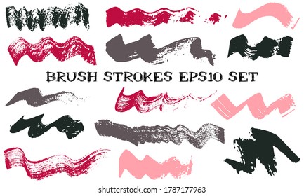 Wave dabs paint brush strokes vector set. Grunge texture abstract graphic design elements. Isolated ink daubs on white background.