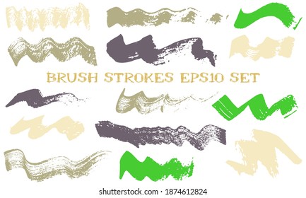 Wave dabs paint brush strokes vector set. Grunge texture mottled graphic design elements. Isolated color swatches on white background.