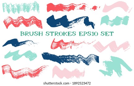Wave dabs paint brush strokes vector collection. Grunge texture colored graphic design elements. Craft colorful brushstrokes on white background.