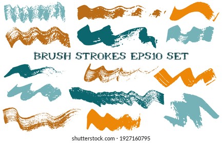 Wave dabs paint brush strokes vector set. Grunge texture decorative graphic design elements. Isolated ink daubs on white background.