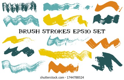 Wave dabs watercolor brush strokes vector set. Grunge texture vintage graphic design elements. Craft color samples on white background.