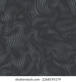 Wave dense lines pattern, black crumpled curve background. Distortion stripes, seamless moire texture. Abstract op art illusion waves. Dynamic strip ripples surface. Vector abstract wallpaper