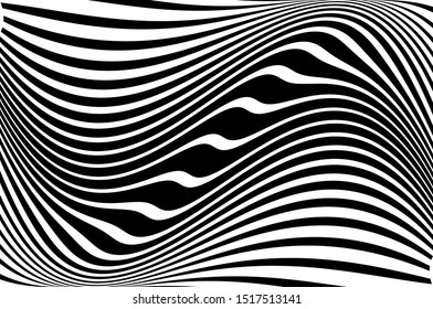 Wave Design schwarz-weiß. Digitales Bild mit psychedelischen Streifen. Vektorillustration Illustration Dynamisches Muster mit bunten, gewellten Linien