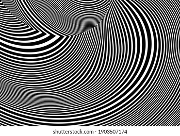 Diseño ondulado en blanco y negro. Imagen digital con franjas psicodélicas. Base argenta para sitio web, impresión, base para banners, fondos de pantalla, tarjetas de visita, folleto, banner. Óptica de arte de línea 
