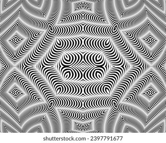 Diseño ondulado en blanco y negro. Imagen digital con franjas psicodélicas. Base argenta para sitio web, impresión, base para banners, fondos de pantalla, tarjetas de visita, folleto, banner. Óptica de arte de línea