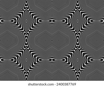 Diseño ondulado en blanco y negro. Imagen digital con franjas psicodélicas. Base argenta para sitio web, impresión, base para banners, fondos de pantalla, tarjetas de visita, folleto, banner. Óptica de arte de línea