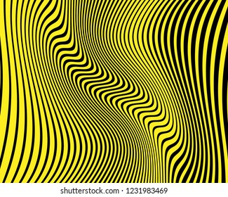 Wave design black and yellow. Digital image with a psychedelic stripes. Vector illustration  Abstract pattern. Texture with wavy, curves lines. Optical art background.