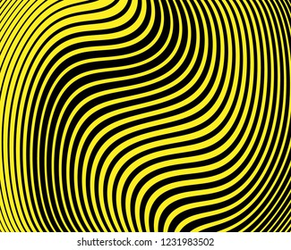Wave design black and yellow. Digital image with a psychedelic stripes. Vector illustration  Abstract pattern. Texture with wavy, curves lines. Optical art background.