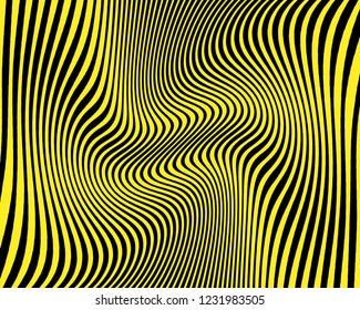 Wave design black and yellow. Digital image with a psychedelic stripes. Vector illustration  Abstract pattern. Texture with wavy, curves lines. Optical art background.