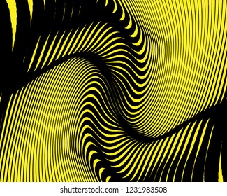Wave design black and yellow. Digital image with a psychedelic stripes. Vector illustration  Abstract pattern. Texture with wavy, curves lines. Optical art background.