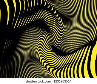 Wave design black and yellow. Digital image with a psychedelic stripes. Vector illustration  Abstract pattern. Texture with wavy, curves lines. Optical art background.
