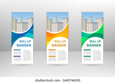 Wave design roll up vertical banner, business design template, vector illustration