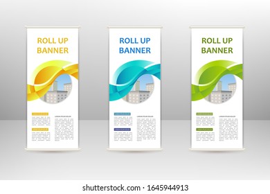 Wave design roll up vertical banner, business design template, vector illustration